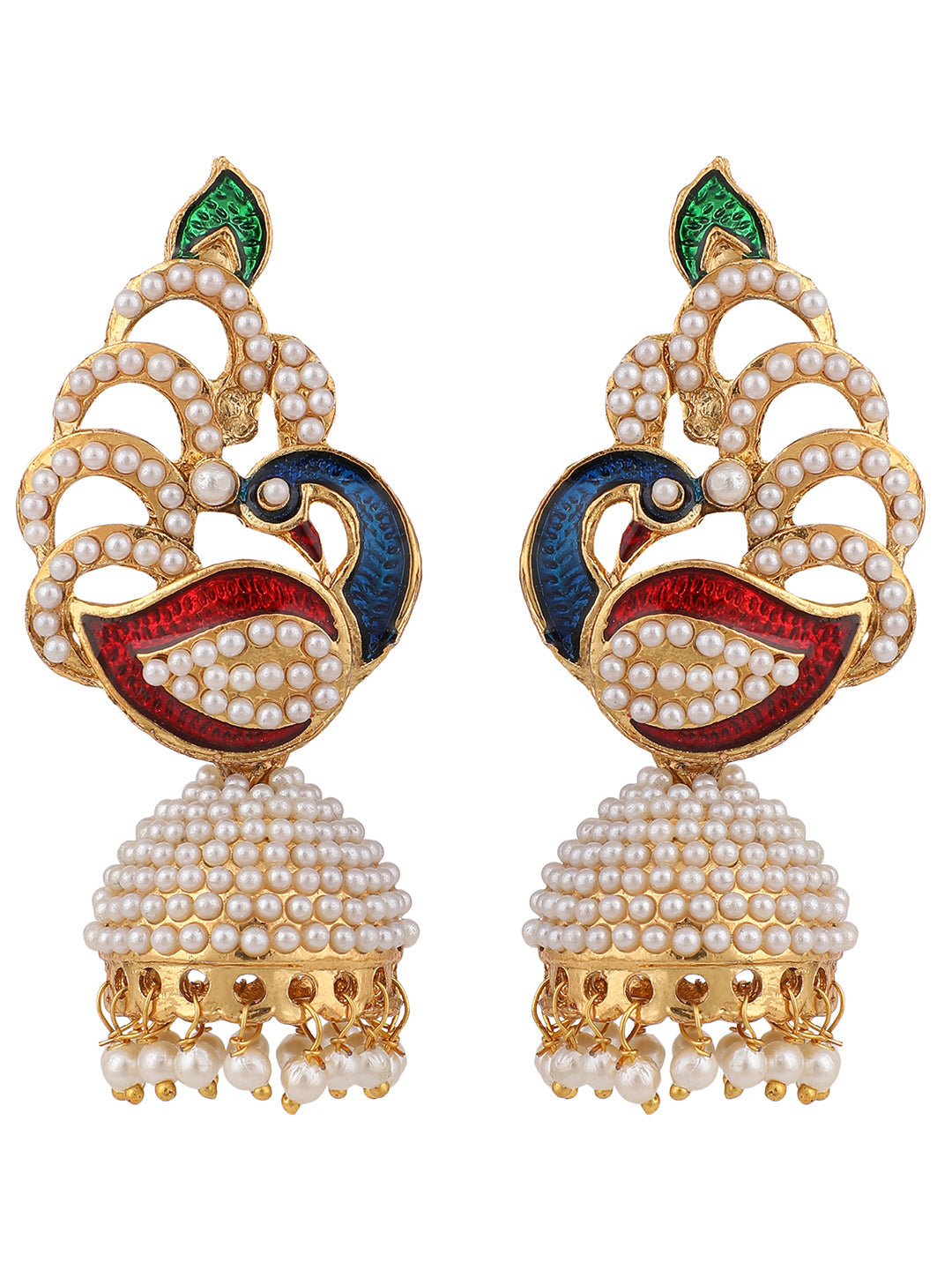 Women's Off-White & Multicolour Meenakari Pearcock Pearl Traditional Brass jhumka Earring