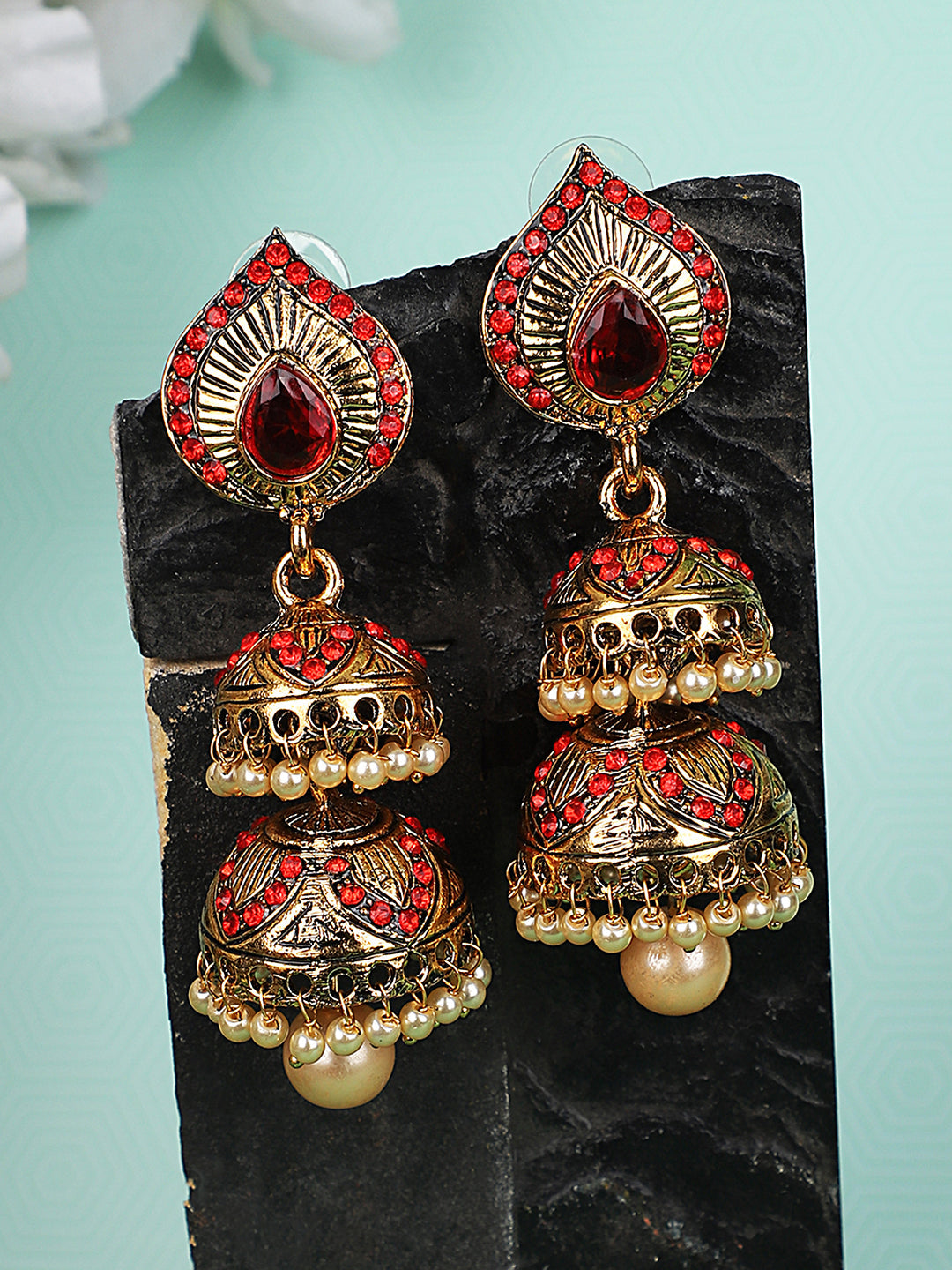 Women's Red Stone Studded & Beaded 2 Floor Dome Shaped Jhumkas