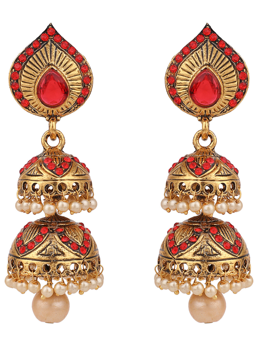 Women's Red Stone Studded & Beaded 2 Floor Dome Shaped Jhumkas