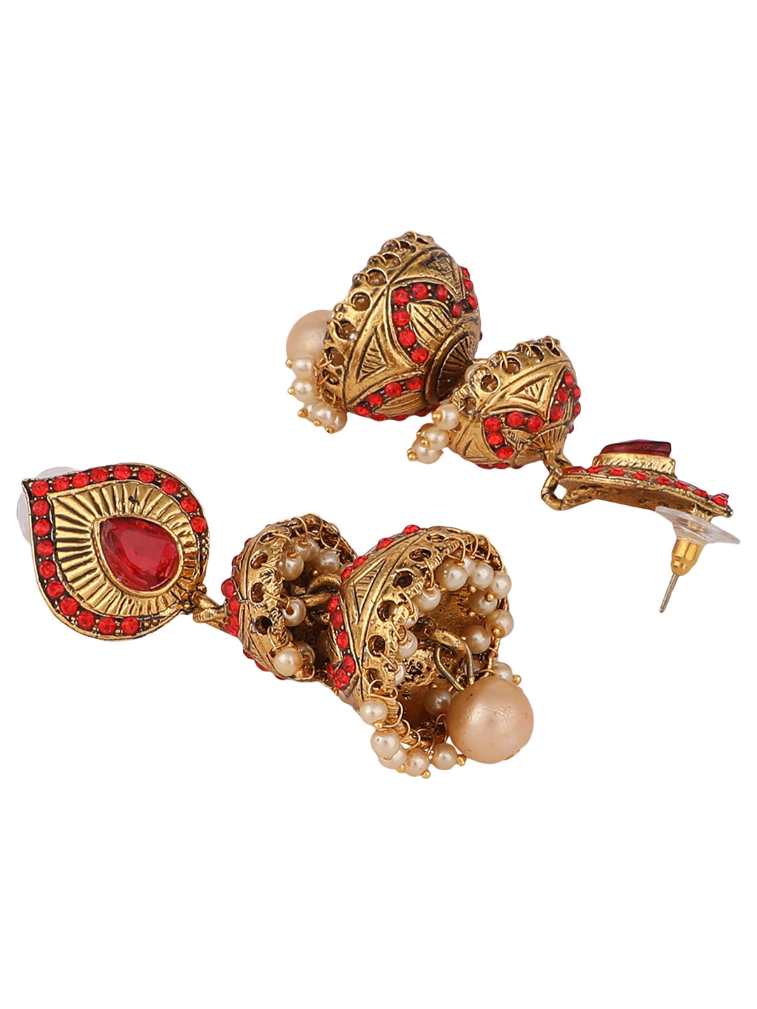 Women's Red Stone Studded & Beaded 2 Floor Dome Shaped Jhumkas