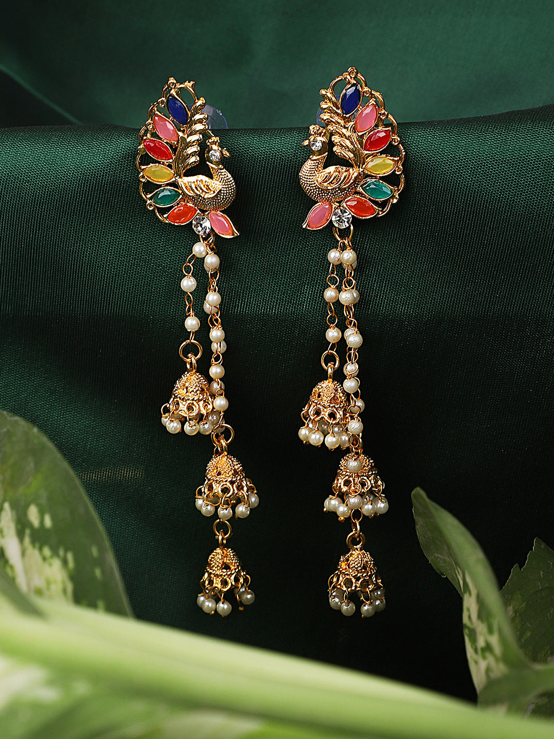 Women's Multicolour Gold Plated Traditional Brass Cubic Zirconia Assymetric 3 Jhumki Earring