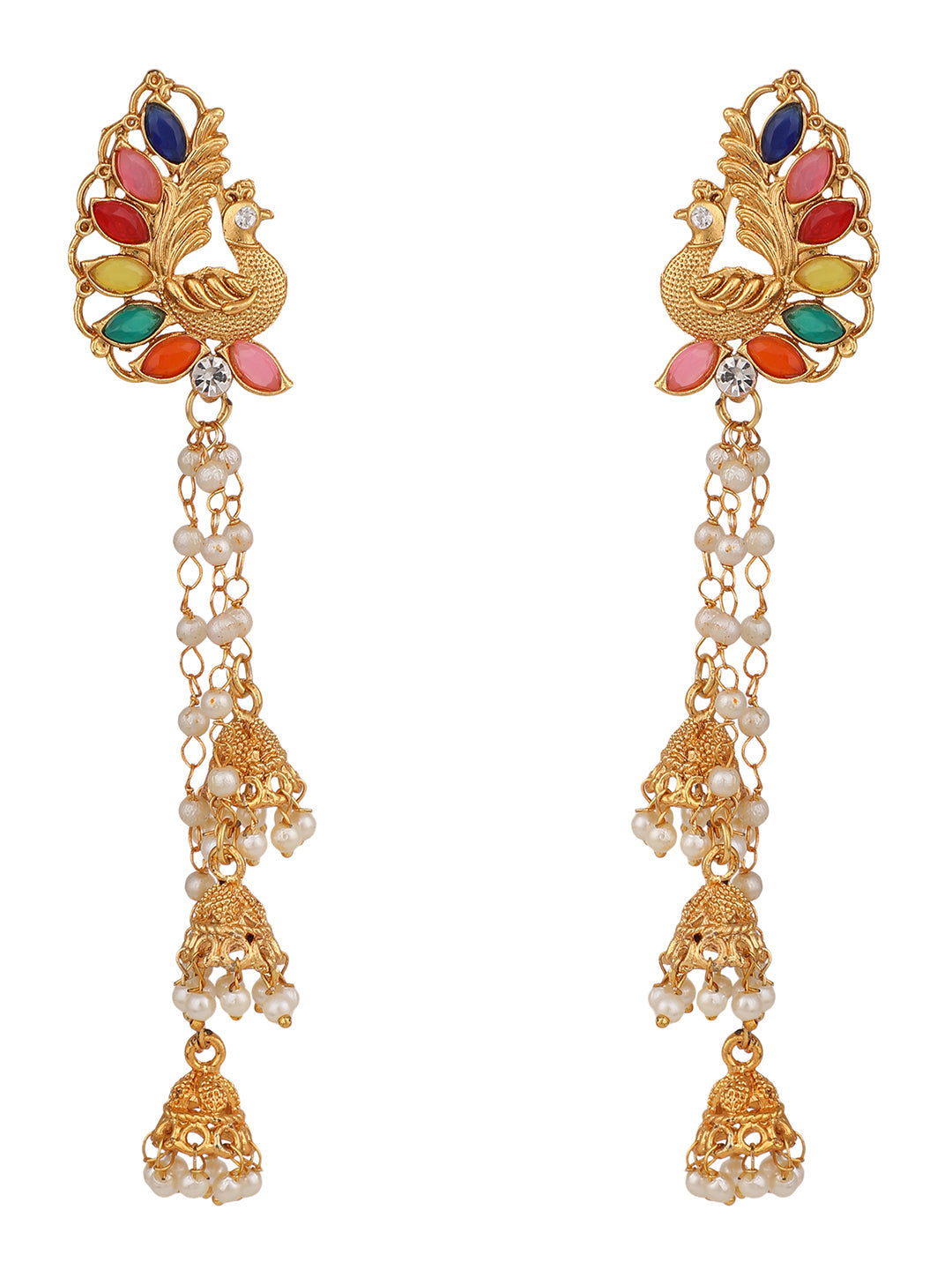 Women's Multicolour Gold Plated Traditional Brass Cubic Zirconia Assymetric 3 Jhumki Earring