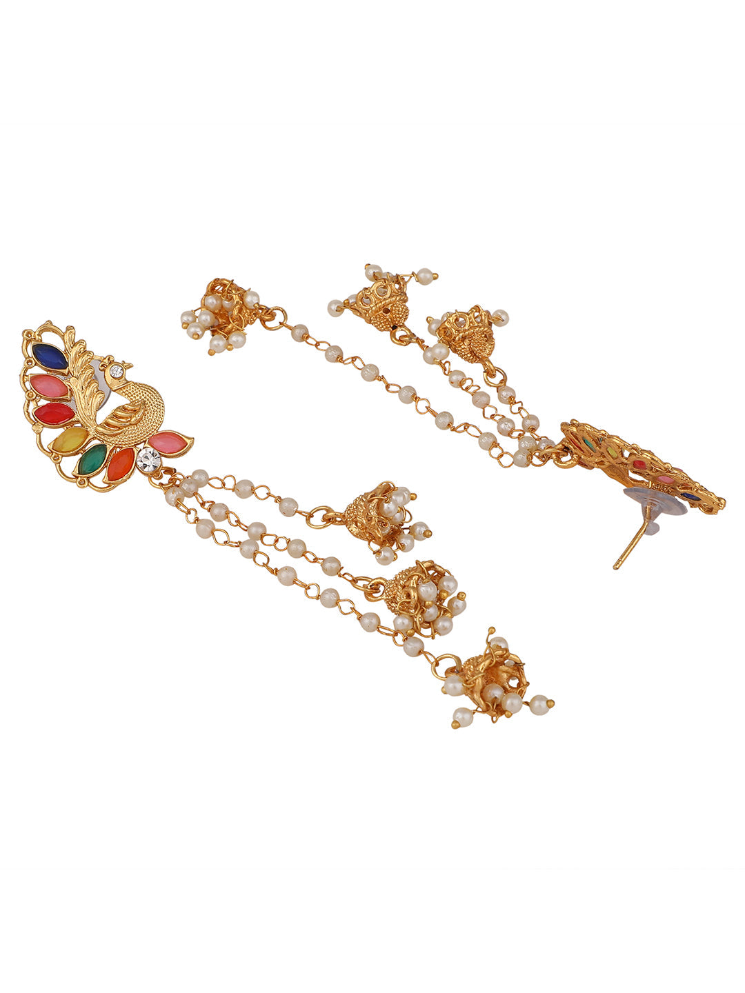 Women's Multicolour Gold Plated Traditional Brass Cubic Zirconia Assymetric 3 Jhumki Earring