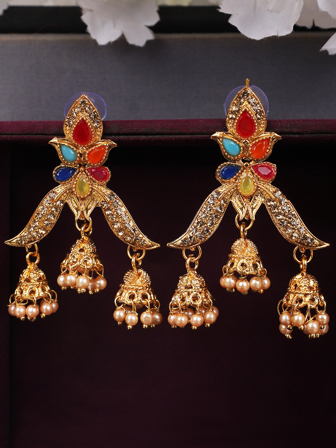 Women's Multicolour Gold Plated Traditional Brass Cubic Zirconia 3 Jhumki Earring