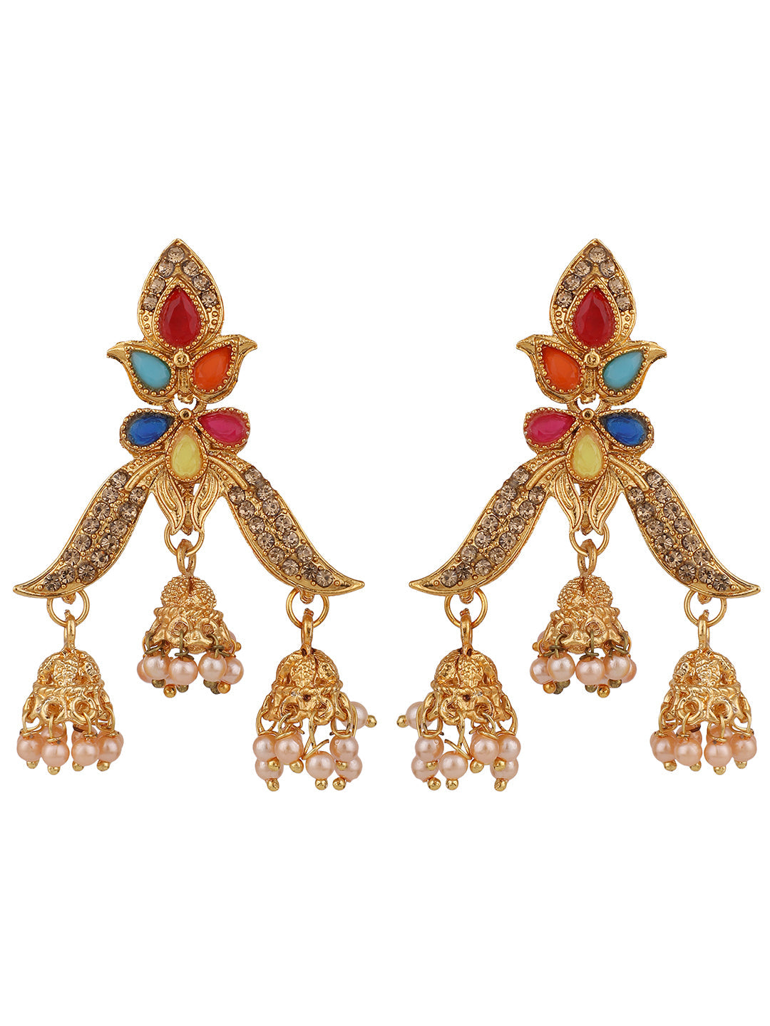 Women's Multicolour Gold Plated Traditional Brass Cubic Zirconia 3 Jhumki Earring