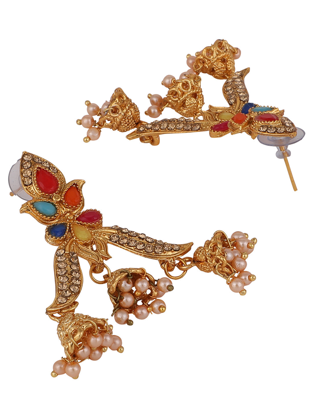 Women's Multicolour Gold Plated Traditional Brass Cubic Zirconia 3 Jhumki Earring