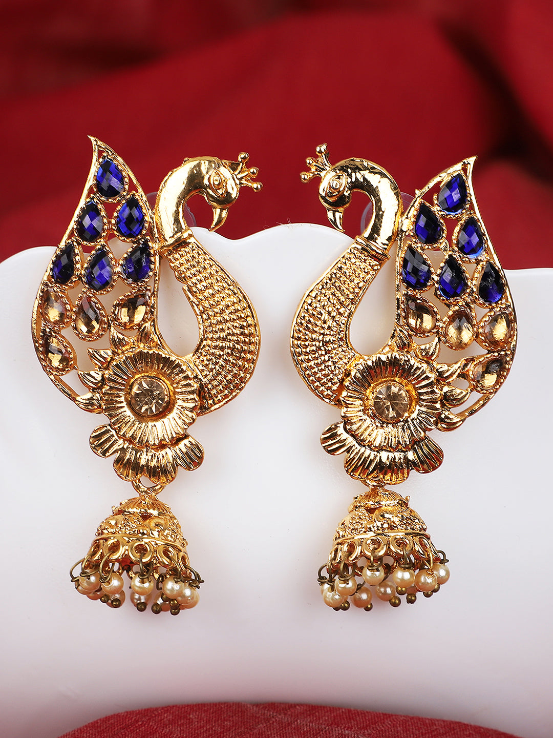 Women's Peacock Shaped Traditional Brass Gold Plated Blue Stone Studded Jhumka Earring