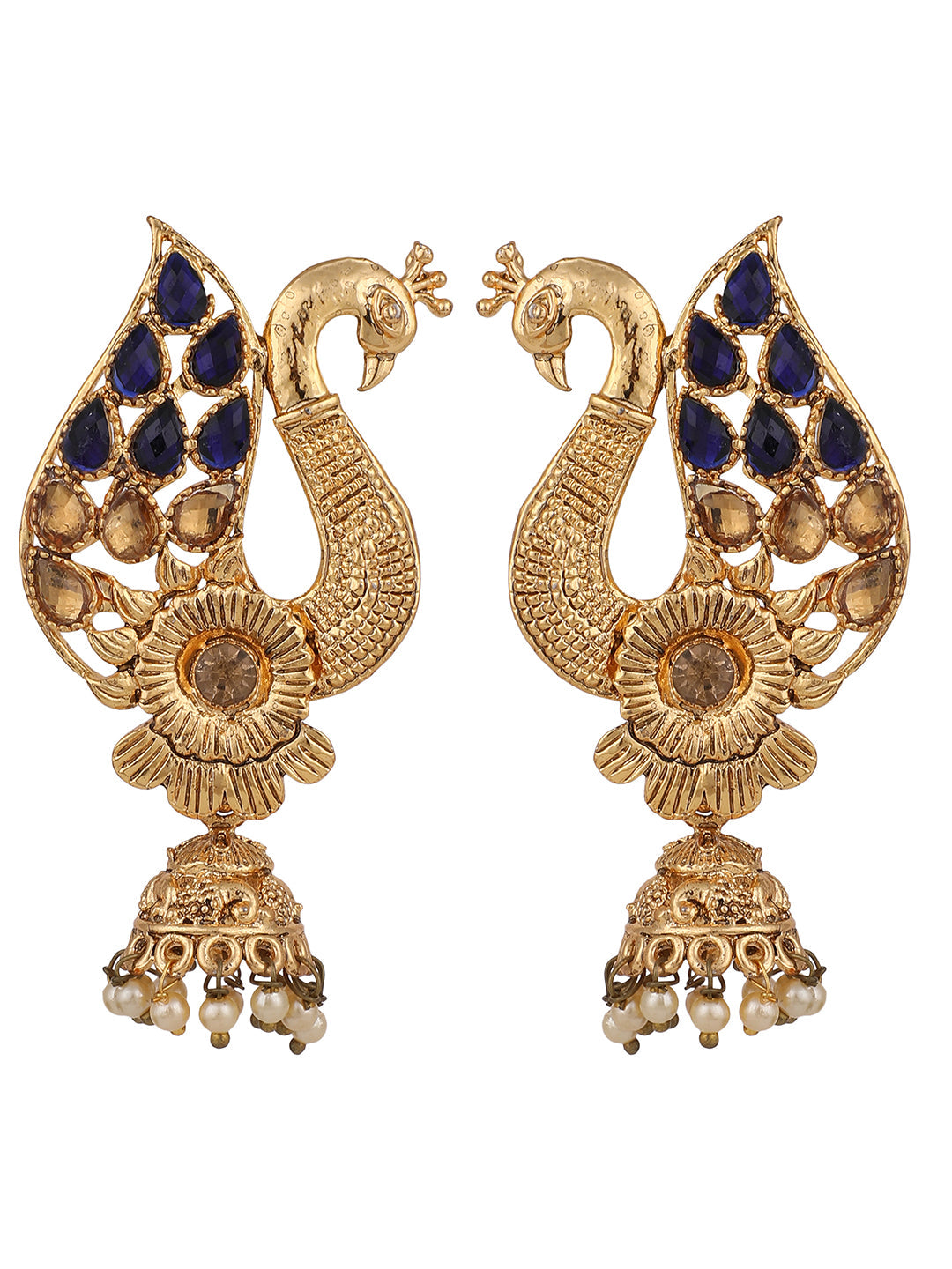 Women's Peacock Shaped Traditional Brass Gold Plated Blue Stone Studded Jhumka Earring
