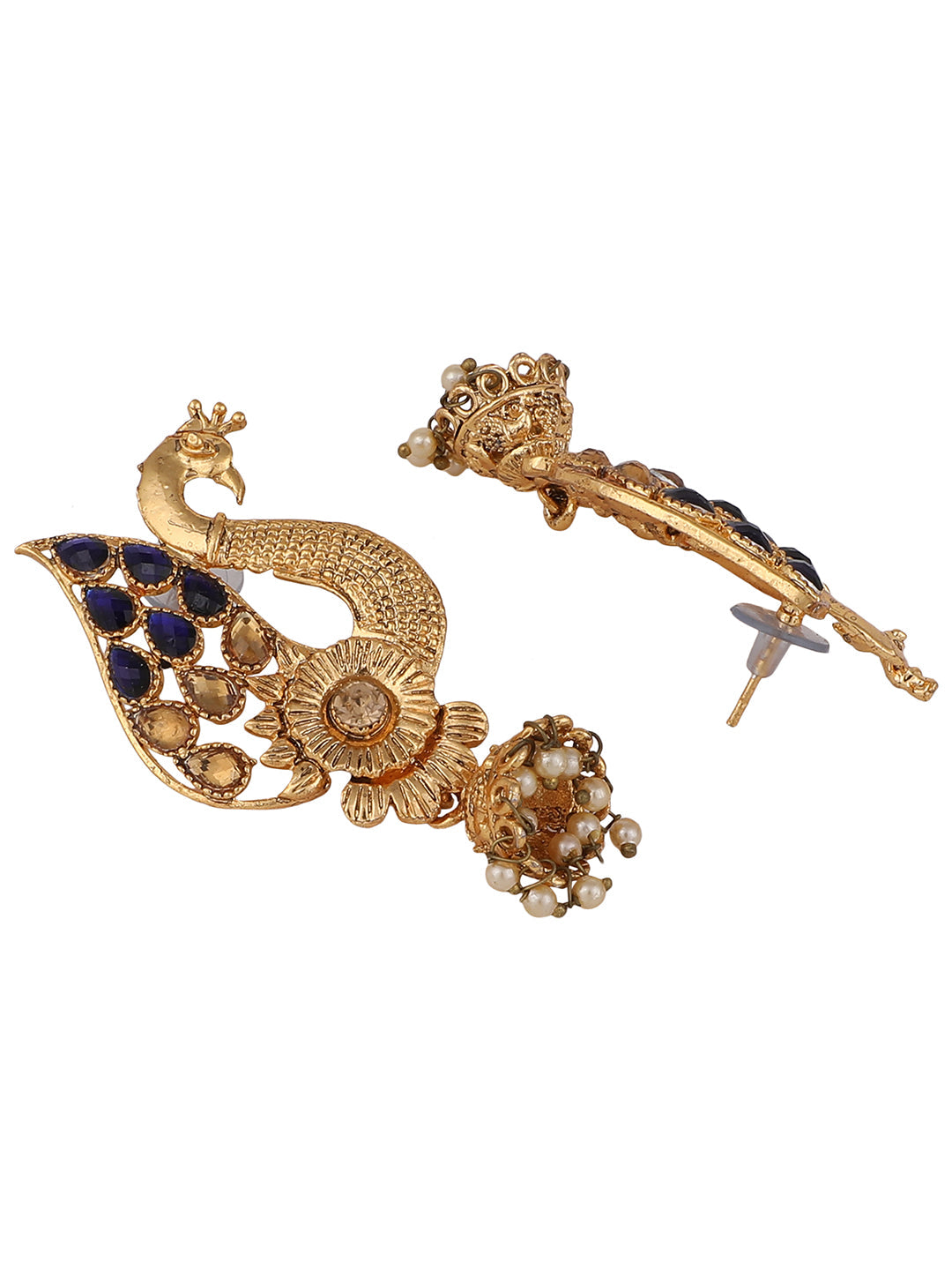 Women's Peacock Shaped Traditional Brass Gold Plated Blue Stone Studded Jhumka Earring