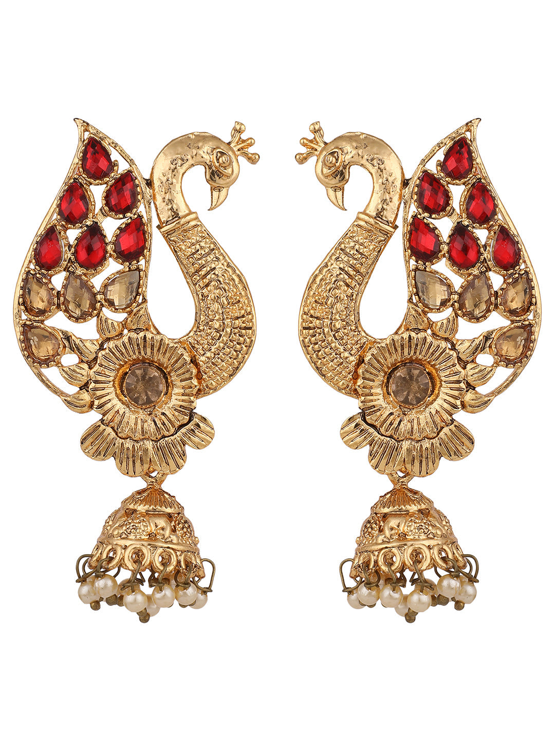 Women's Peacock Shaped Traditional Brass Gold Plated Red Stone Studded Jhumka Earring