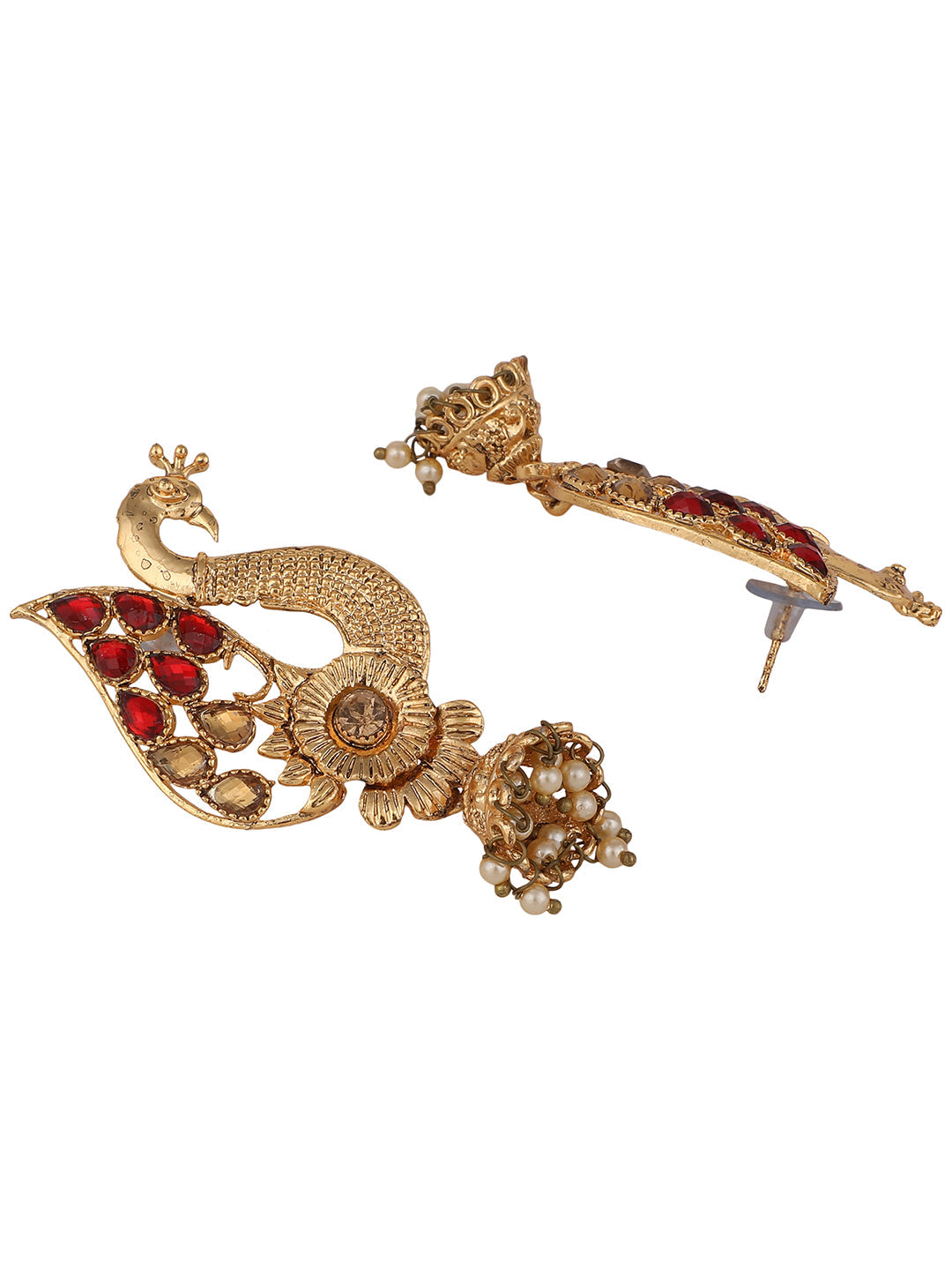 Women's Peacock Shaped Traditional Brass Gold Plated Red Stone Studded Jhumka Earring