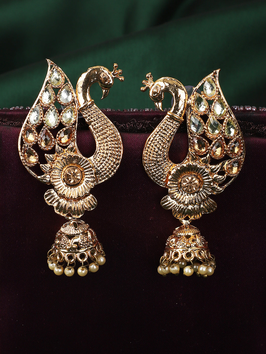 Women's Peacock Shaped Traditional Brass Gold Plated White Stone Studded Jhumka Earring