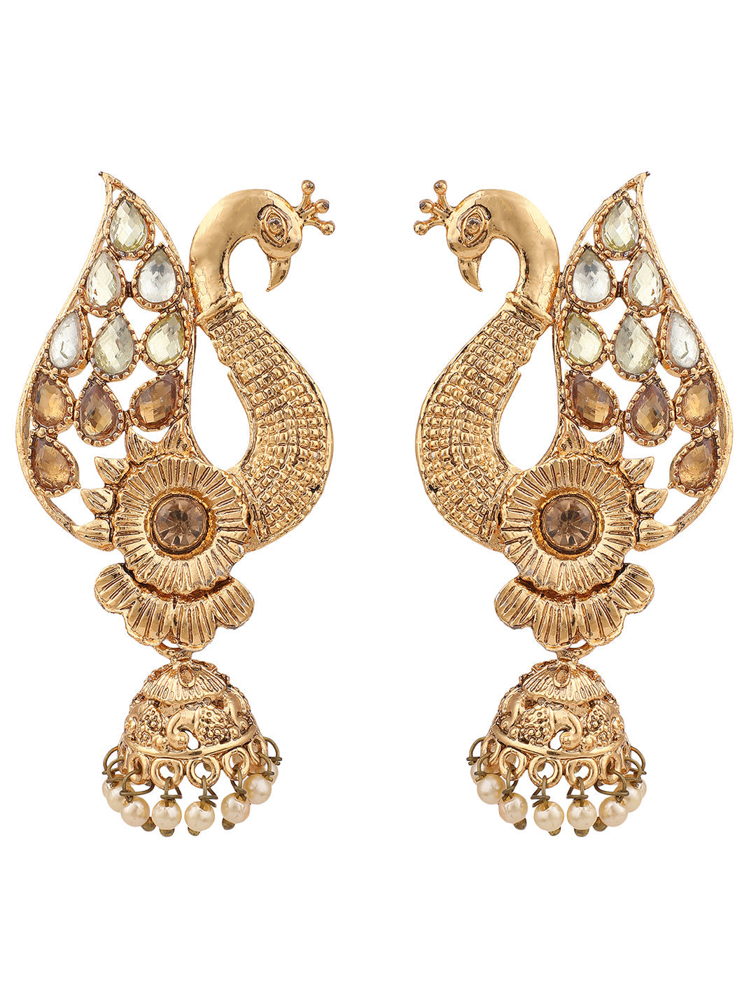 Women's Peacock Shaped Traditional Brass Gold Plated White Stone Studded Jhumka Earring