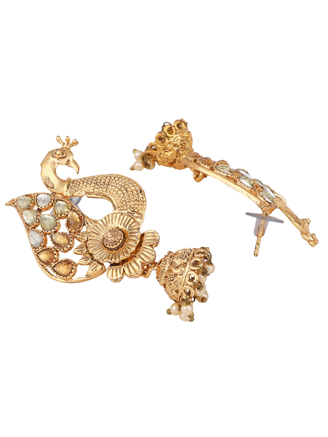 Women's Peacock Shaped Traditional Brass Gold Plated White Stone Studded Jhumka Earring