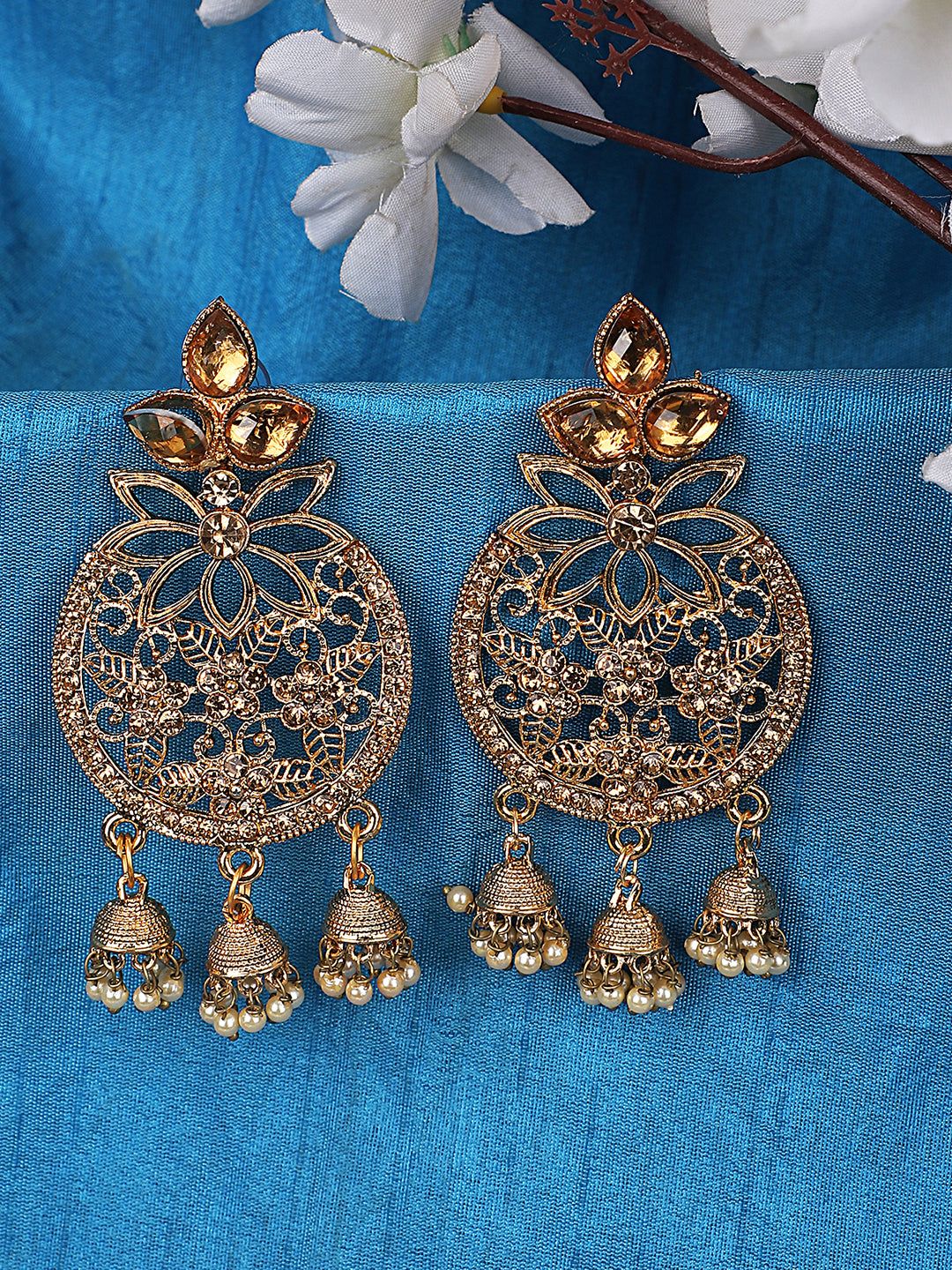 Women's Traditional Gold Plated LCT Cubic Zirconia 3 Jhumki Chandbali Earring