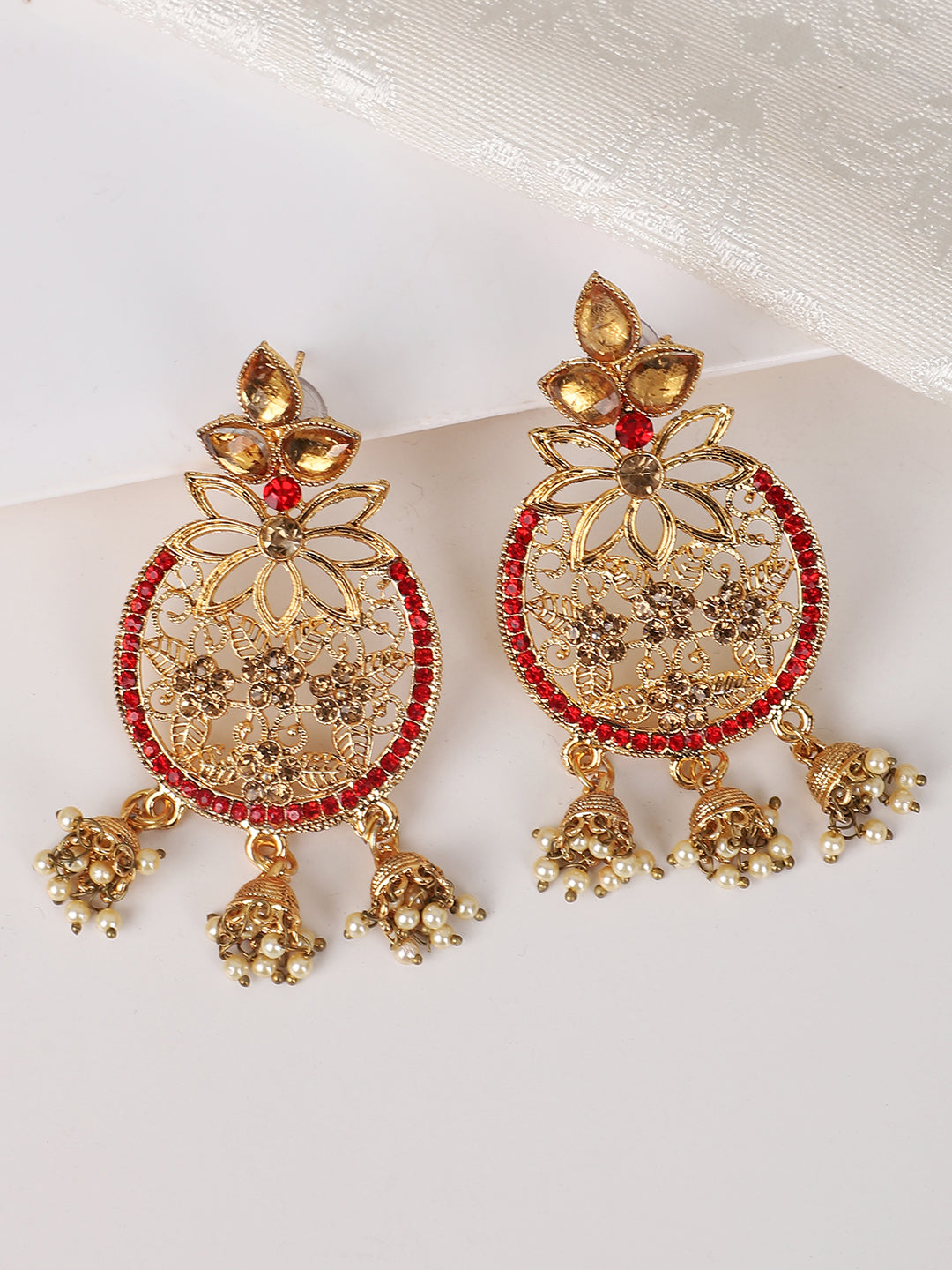 Women's Traditional Gold Plated LCT & RED Cubic Zirconia 3 Jhumki Chandbali Earring