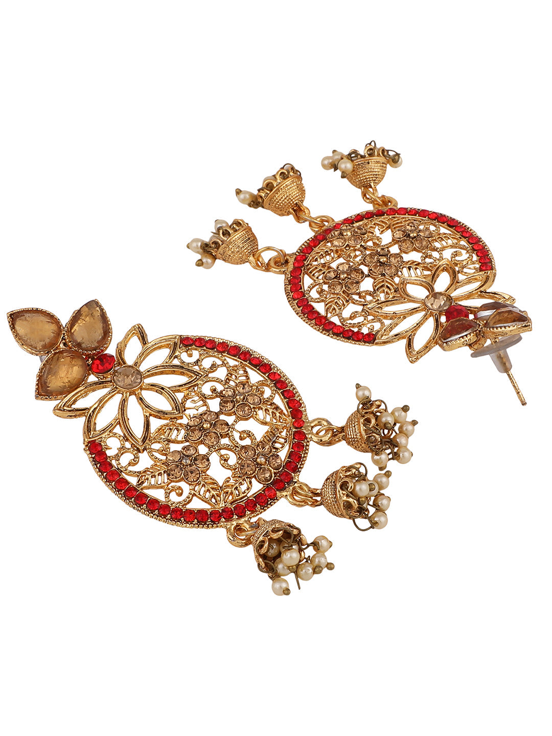 Women's Traditional Gold Plated LCT & RED Cubic Zirconia 3 Jhumki Chandbali Earring