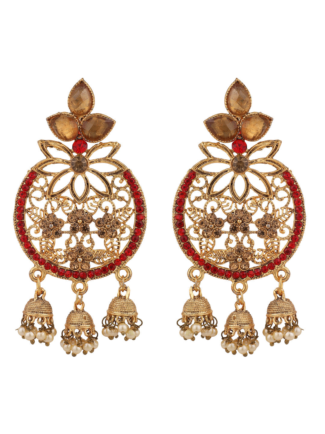 Women's Traditional Gold Plated LCT & RED Cubic Zirconia 3 Jhumki Chandbali Earring
