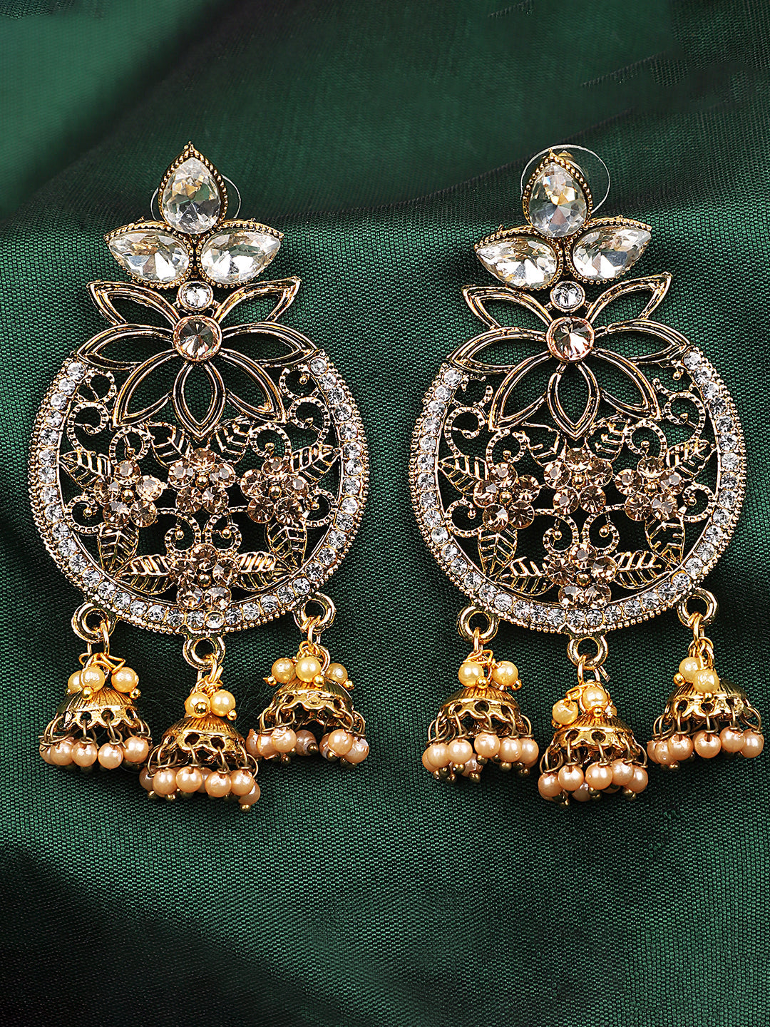 Women's Traditional Gold Plated White Cubic Zirconia 3 Jhumki Chandbali Earring
