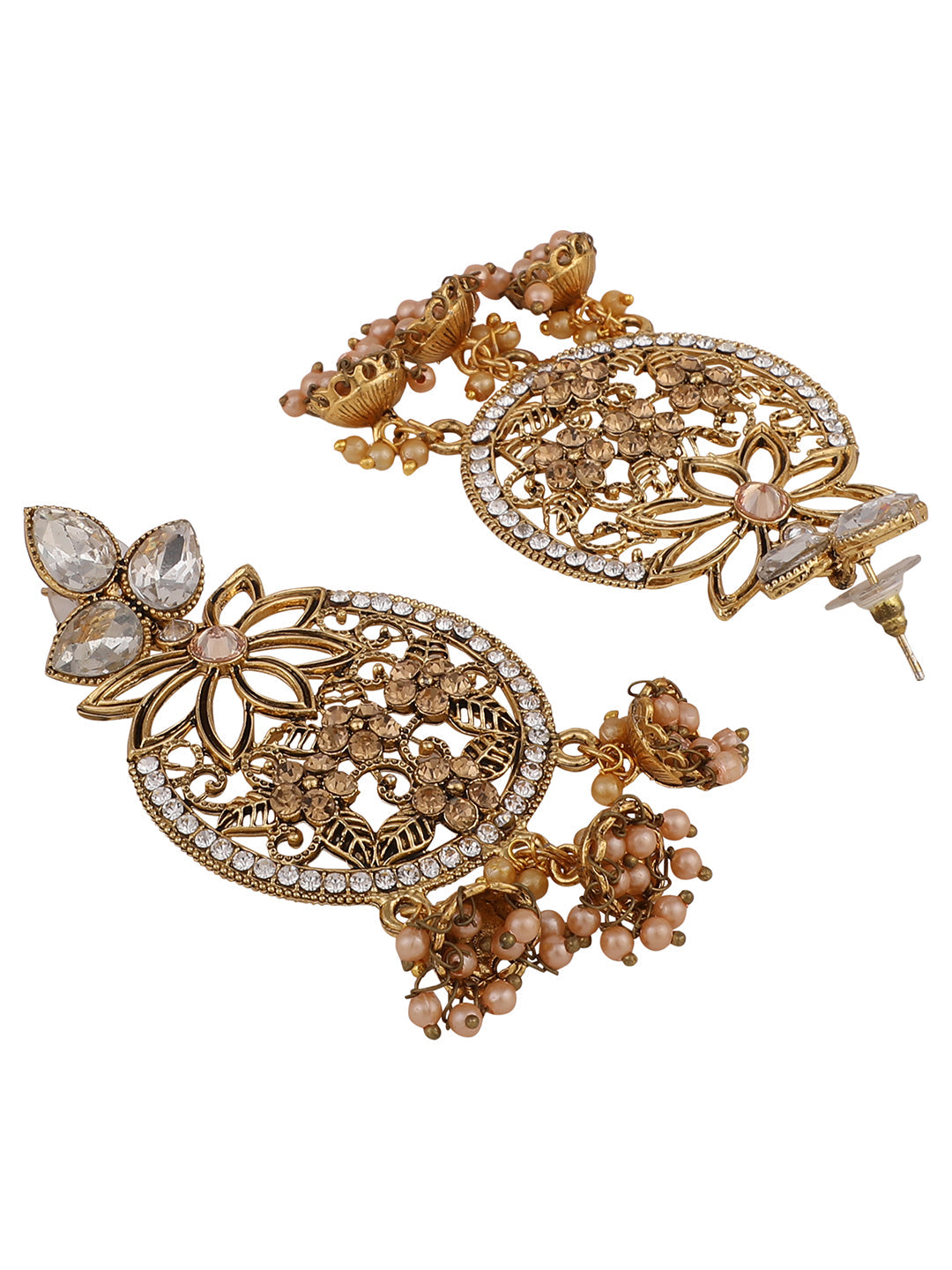 Women's Traditional Gold Plated White Cubic Zirconia 3 Jhumki Chandbali Earring