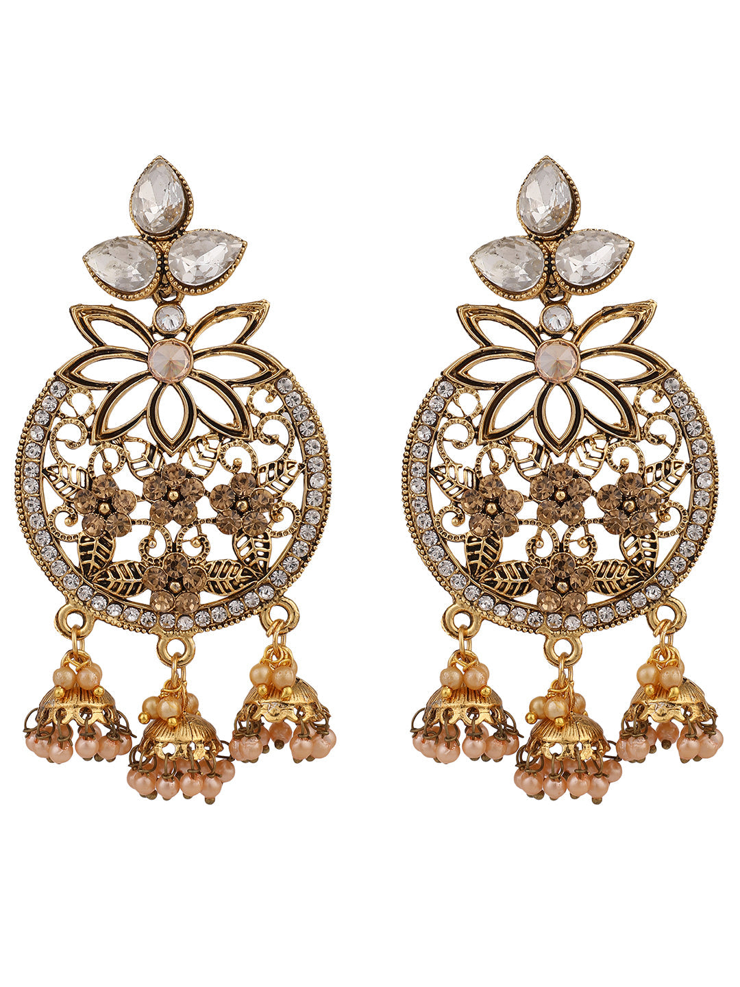 Women's Traditional Gold Plated White Cubic Zirconia 3 Jhumki Chandbali Earring
