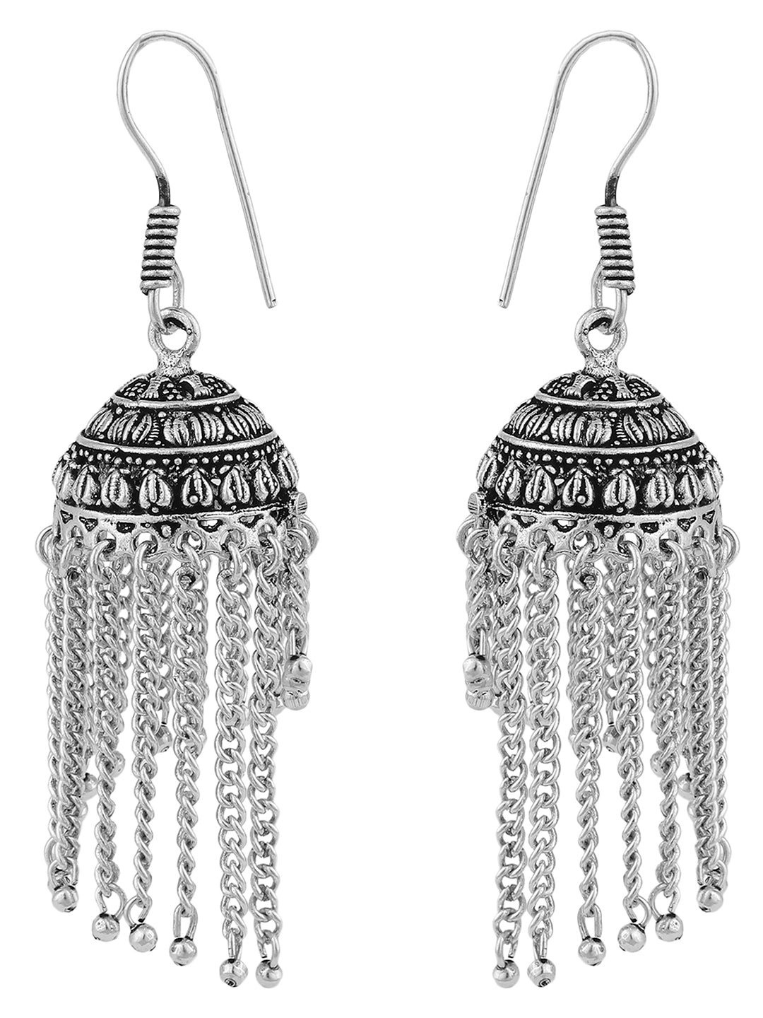 Women's Silver Tone Assemetric Oxidised Taseled Jhumka Earring