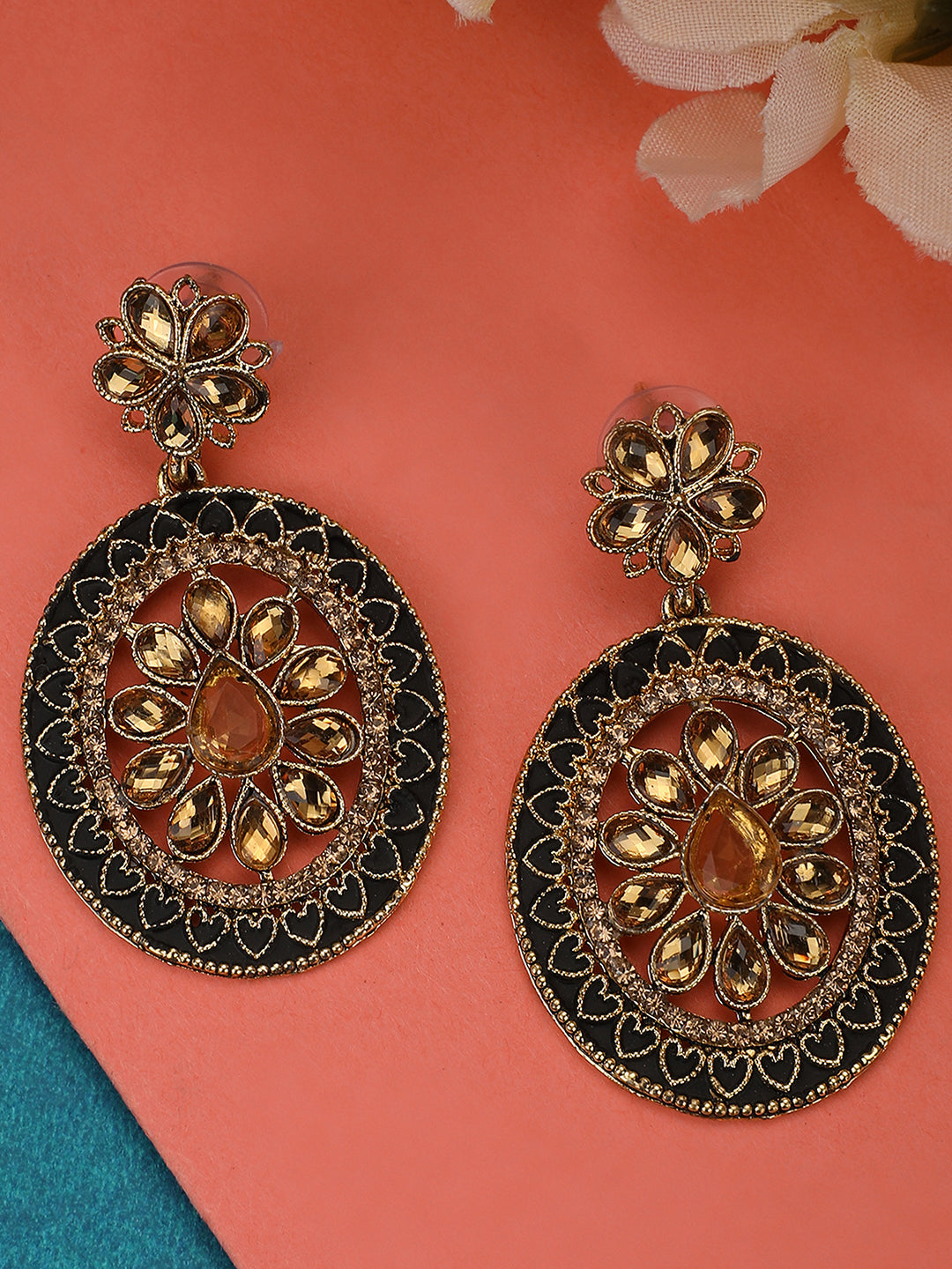 Women's Black Enamelled Kundan Meenakari Ocal Shaped Brass Chandbali