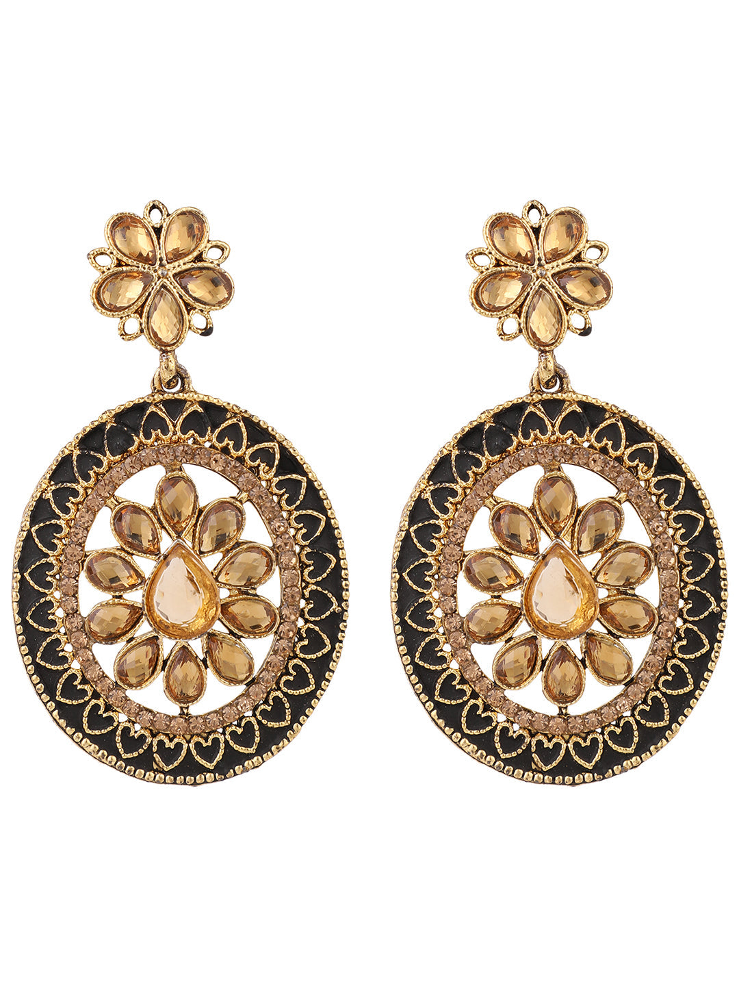 Women's Black Enamelled Kundan Meenakari Ocal Shaped Brass Chandbali