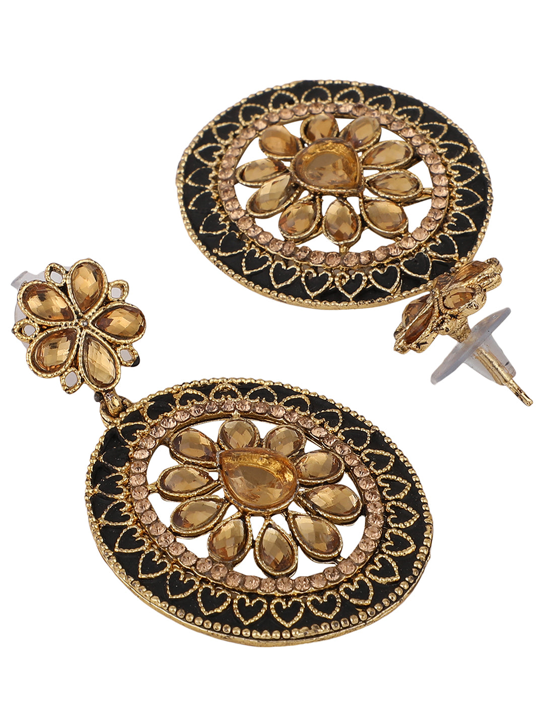 Women's Black Enamelled Kundan Meenakari Ocal Shaped Brass Chandbali