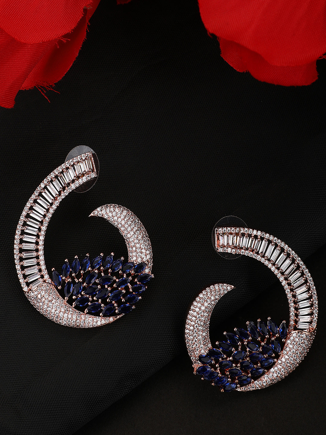 Women's Rose Gold Plated Saphire Blue Stone Brass Cresent shape American Diamond Earring