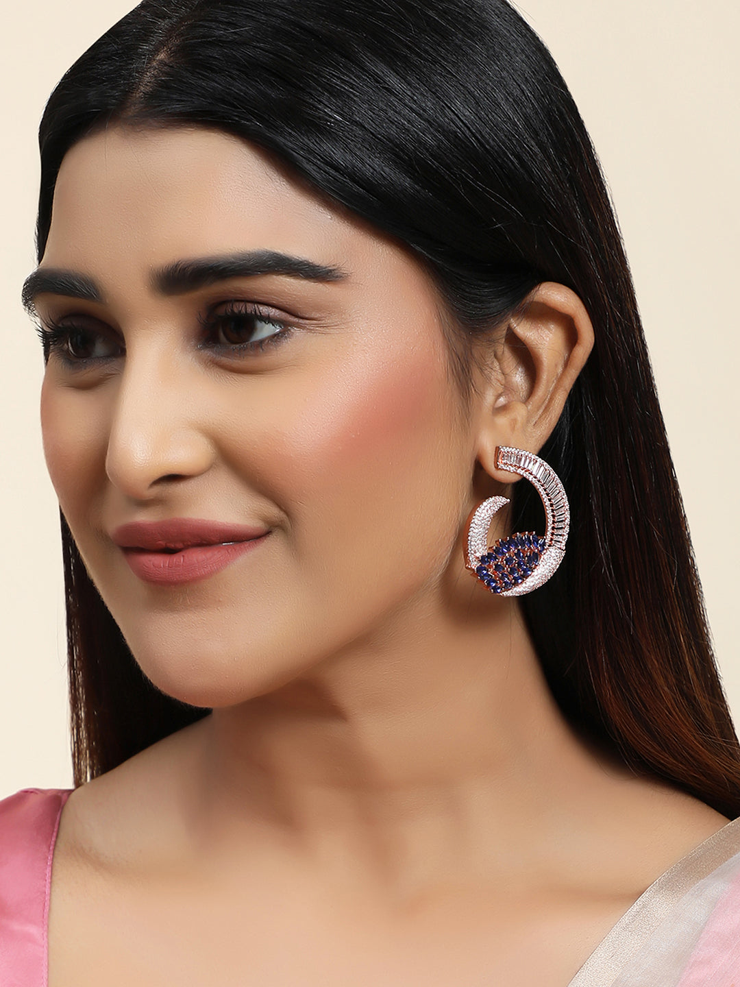 Women's Rose Gold Plated Saphire Blue Stone Brass Cresent shape American Diamond Earring
