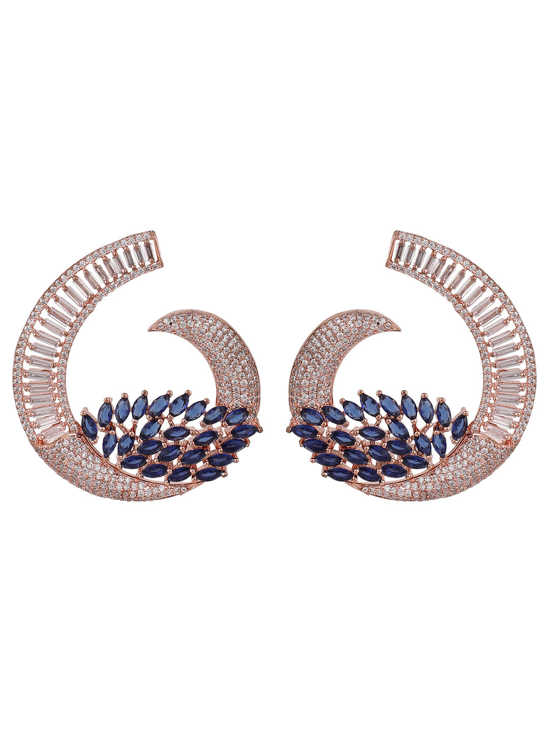 Women's Rose Gold Plated Saphire Blue Stone Brass Cresent shape American Diamond Earring