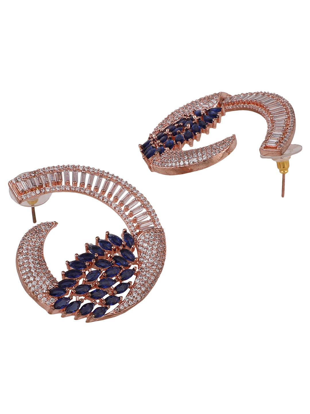 Women's Rose Gold Plated Saphire Blue Stone Brass Cresent shape American Diamond Earring