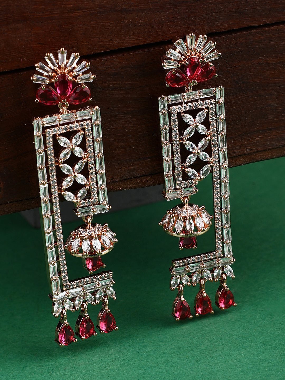 Women's Red & White Geometric Shaped Floral Gold Plated American Diamond Earring