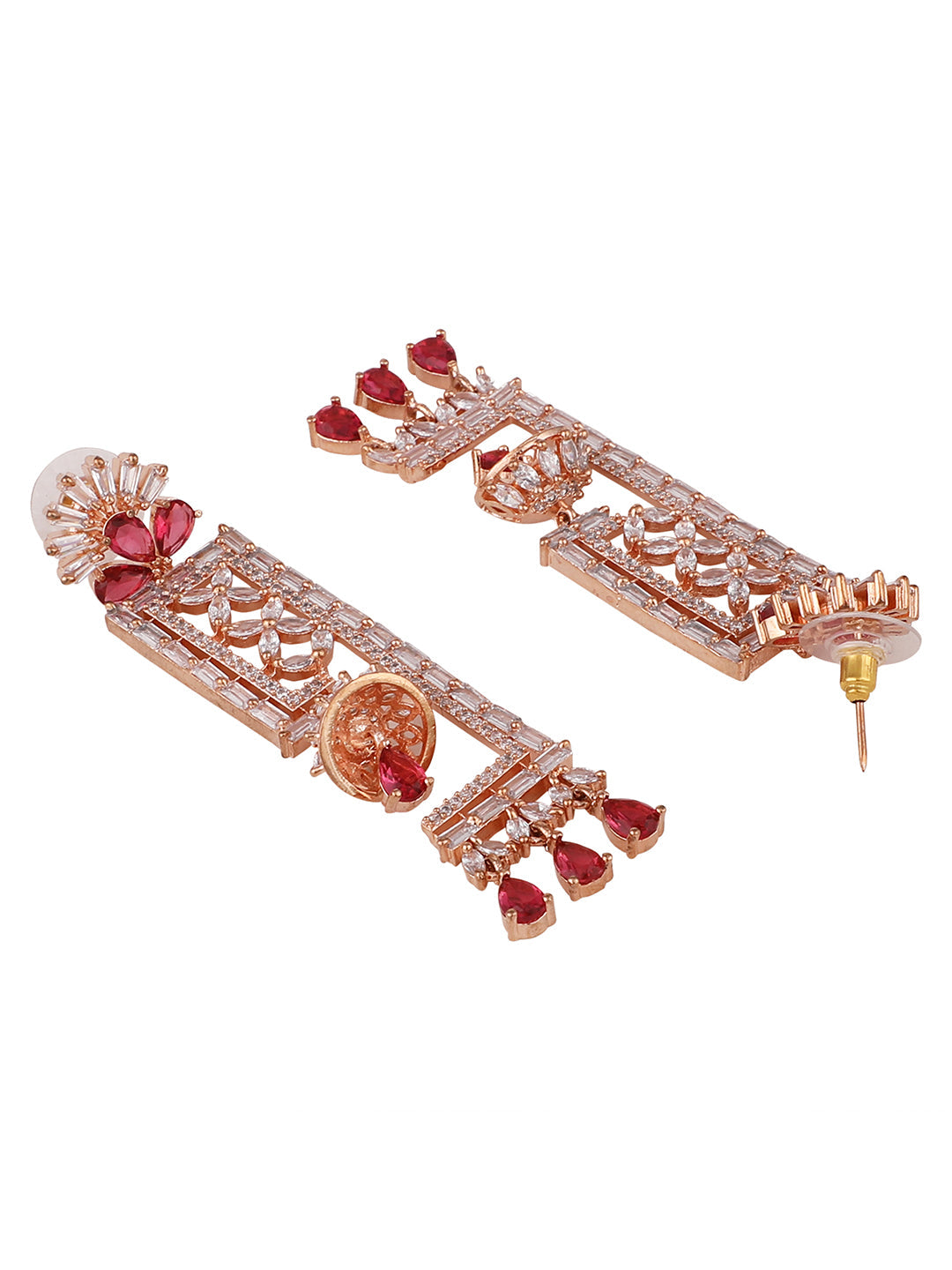 Women's Red & White Geometric Shaped Floral Gold Plated American Diamond Earring