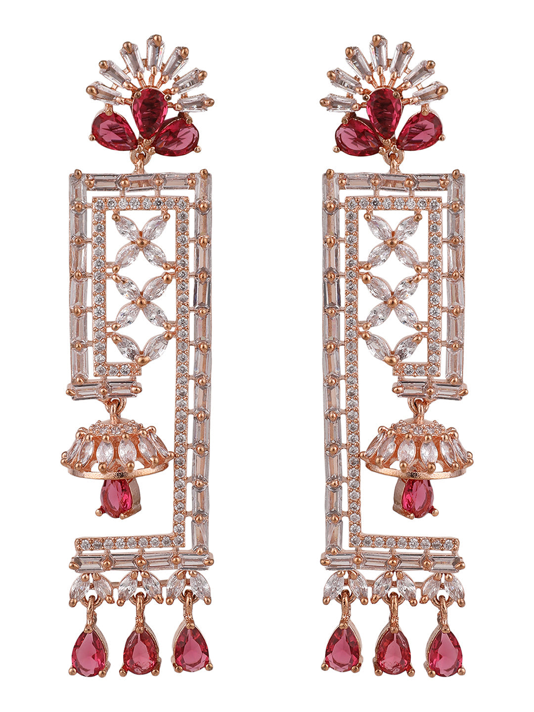 Women's Red & White Geometric Shaped Floral Gold Plated American Diamond Earring