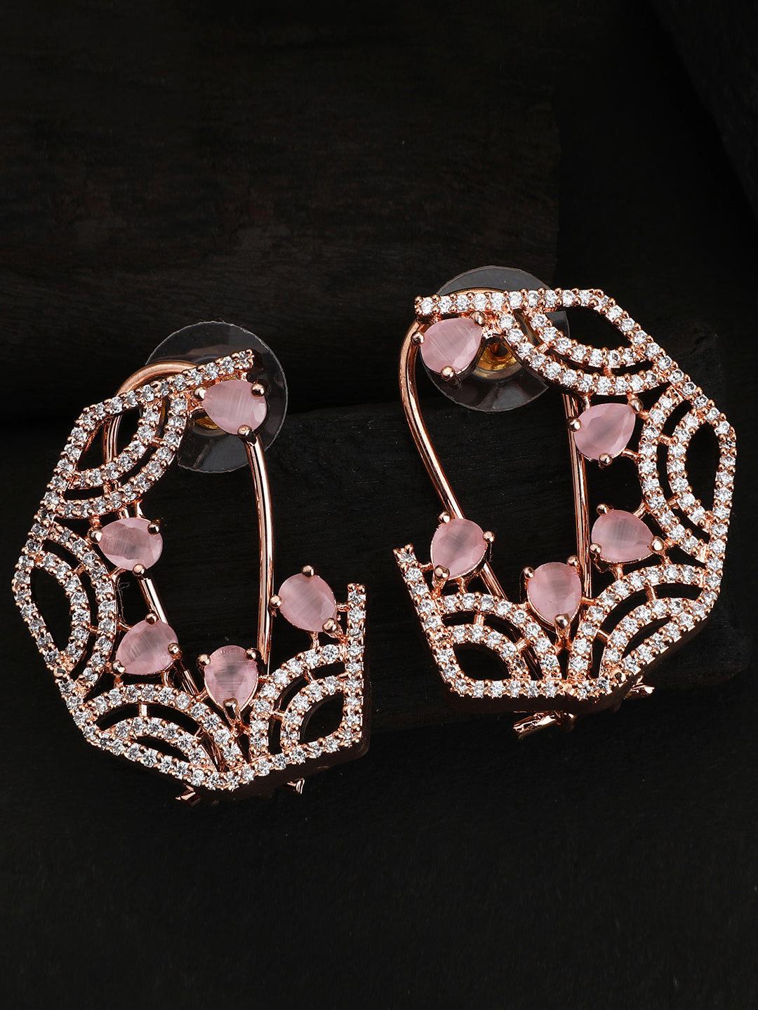 Women's Pink & White American Diamond Floral Shaped Designer Earring