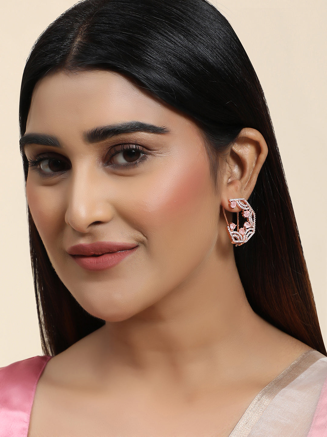 Women's Pink & White American Diamond Floral Shaped Designer Earring