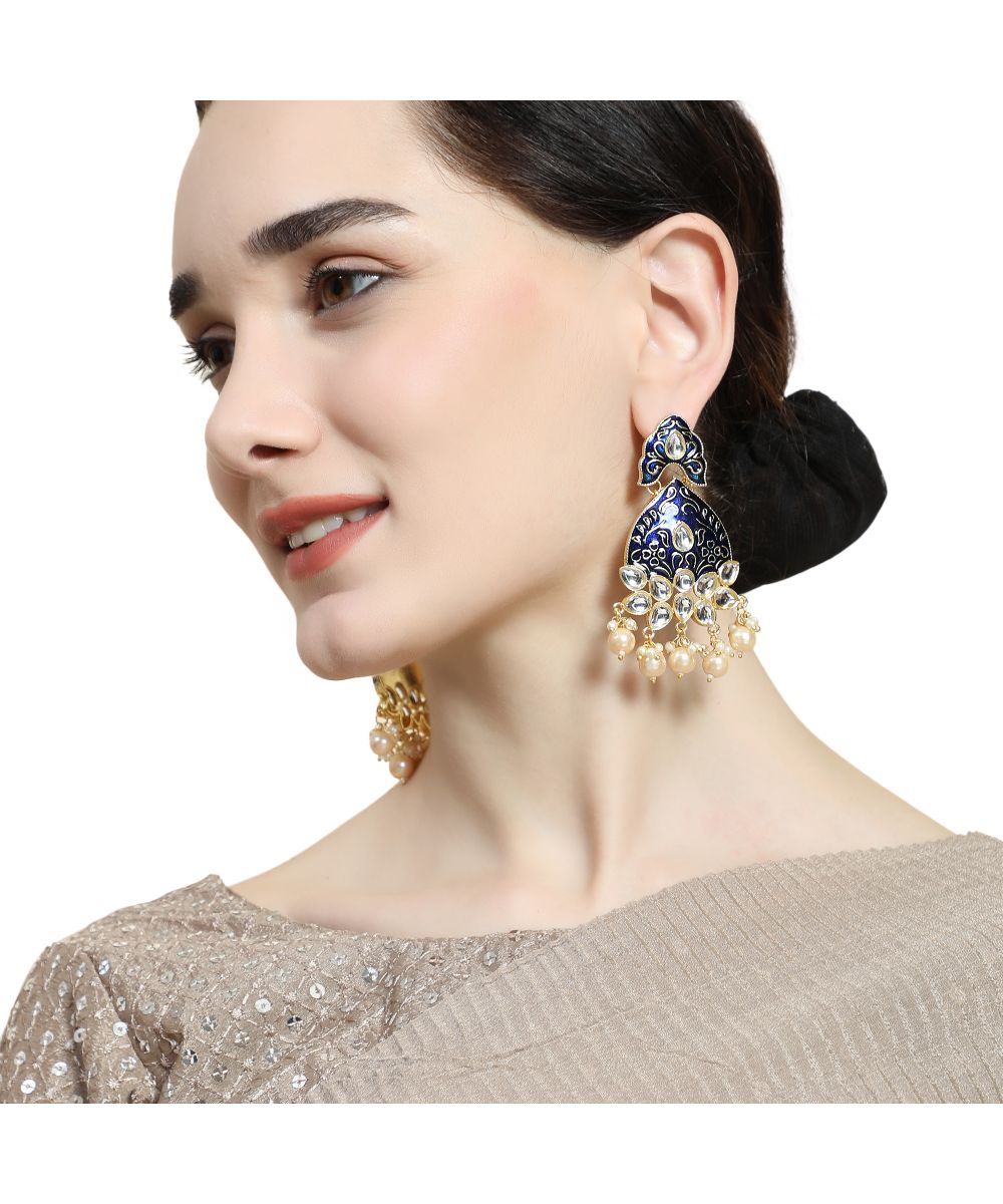 Women's Statement Enameled Kundan and Pearl Studded Earring