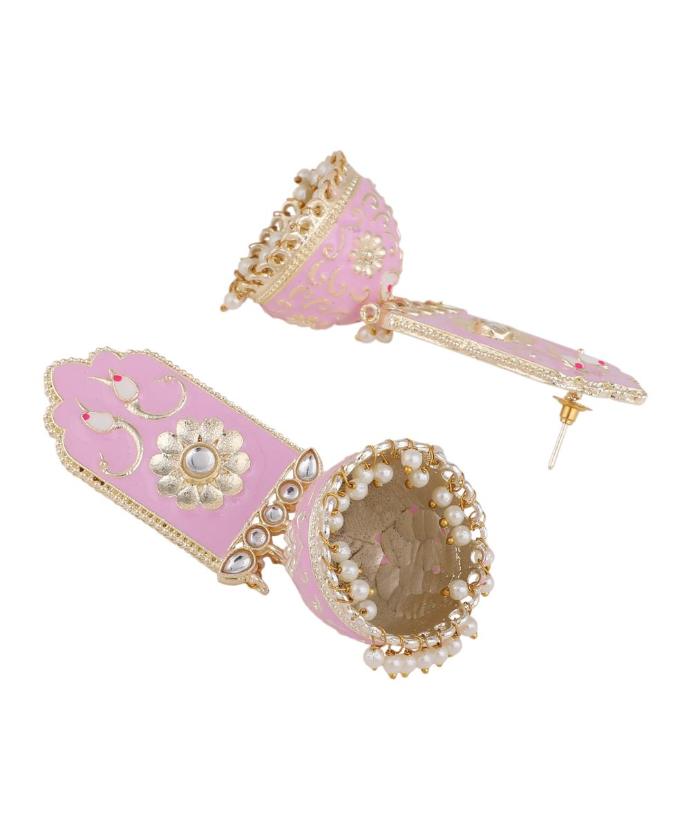 Women's Pink Enameled Statement Ethnic Jhumka Earring