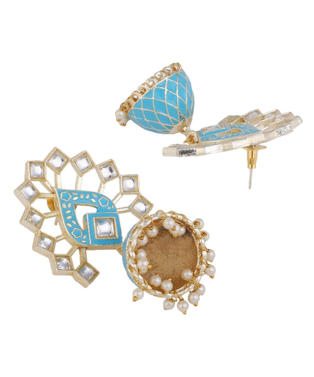 Women's Enameled Kundan Studded Blue Colored Jhumka Earring