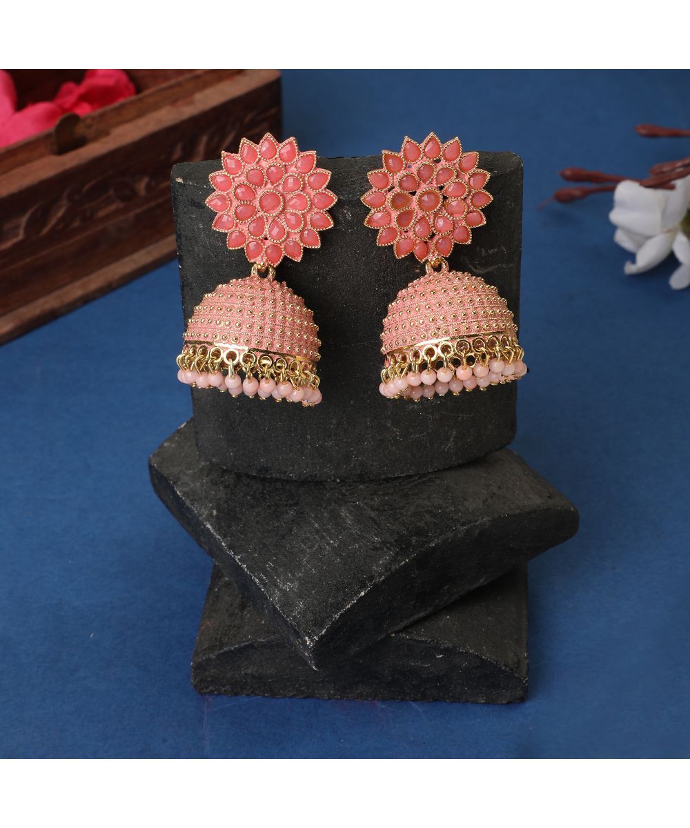 Women's Classic Pink Enameled Stone Studded Jhumka Earrinng