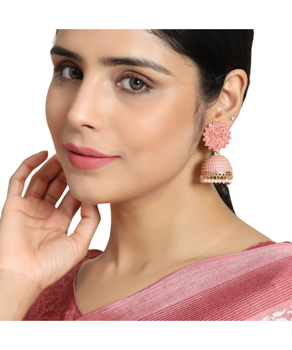 Women's Classic Pink Enameled Stone Studded Jhumka Earrinng