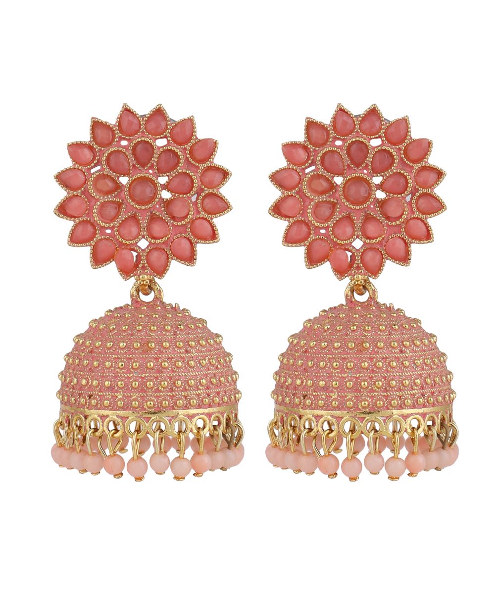 Women's Classic Pink Enameled Stone Studded Jhumka Earrinng