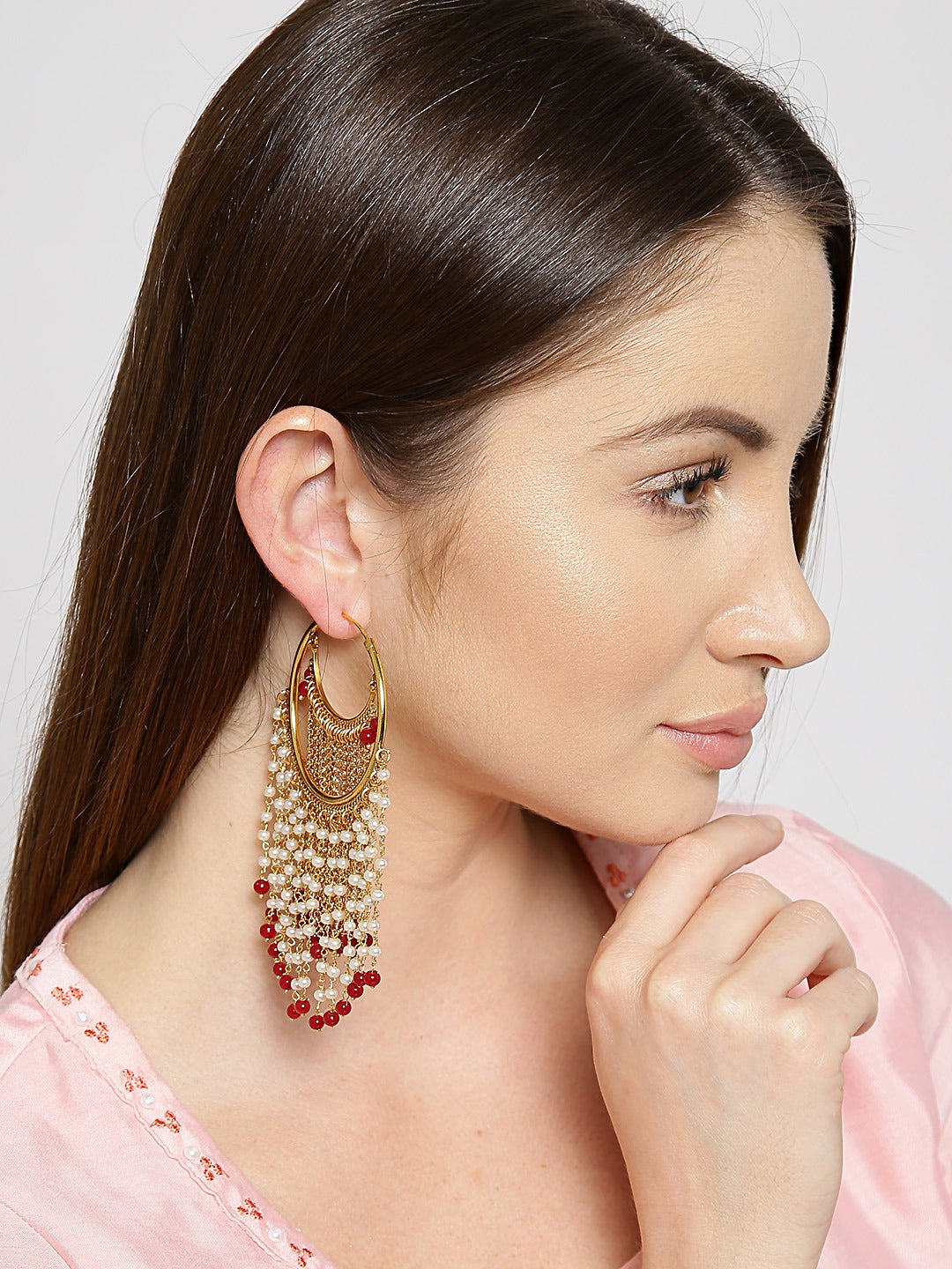 Women's  Maroon & White Gold-Plated Hoop Earrings