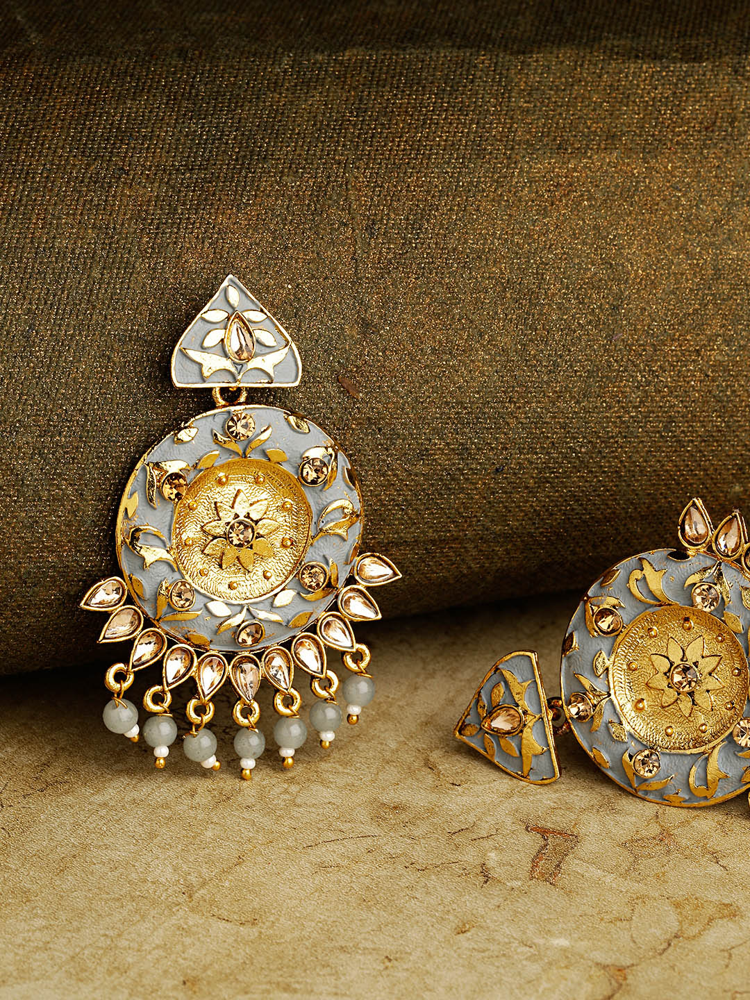 Women's Designer Gold-Plated Stone Studded Round Shape Grey Colour Drop Earrings