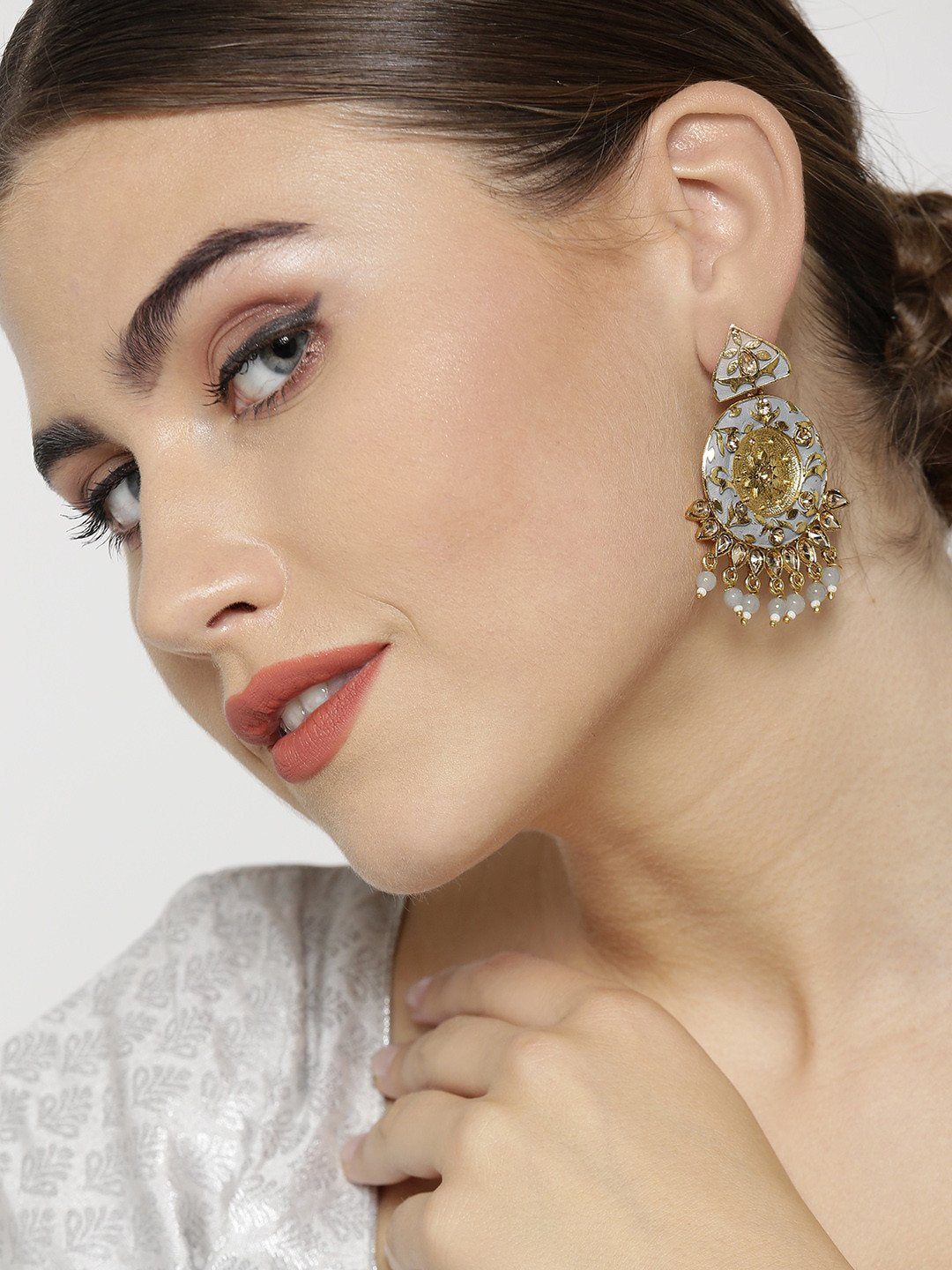 Women's Designer Gold-Plated Stone Studded Round Shape Grey Colour Drop Earrings