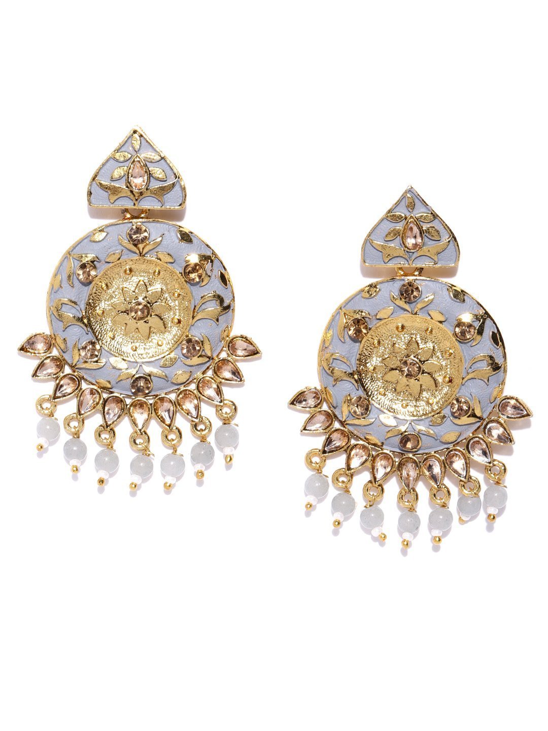 Women's Designer Gold-Plated Stone Studded Round Shape Grey Colour Drop Earrings