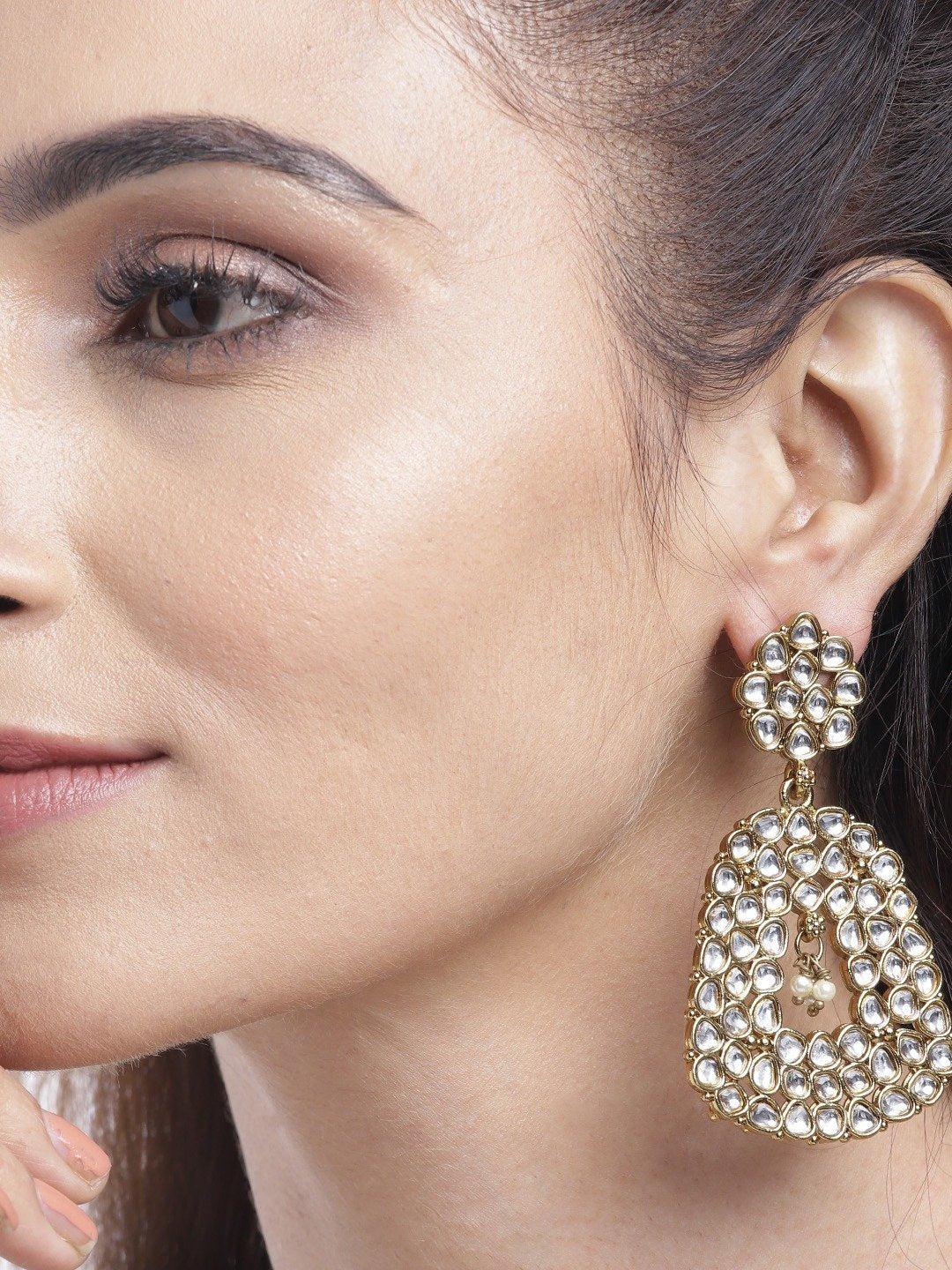 Women's Gold-Plated Kundan Studded Jhumka with Pearl Drop