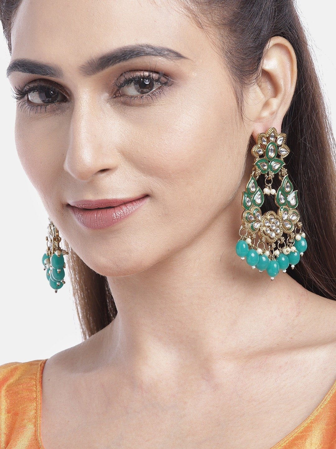 Women's Gold-Plated Kundan Studded Drop Earrings With Green Beads